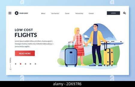 Couple travels by airplane. Man and woman with luggage in airport. Cartoon tourists characters. Vector flat illustration for web landing page banner. Stock Vector