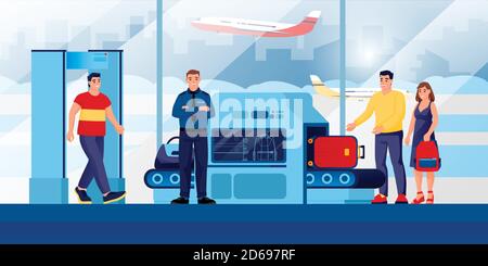 Baggage check-in security control point at airport terminal. Vector illustration. People with luggage, guard cartoon characters. Hand baggage prohibit Stock Vector