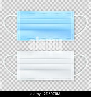 Surgical protective blue and white mask, isolated on transparent background. Vector 3d realistic illustration. Medical equipment for disease preventio Stock Vector