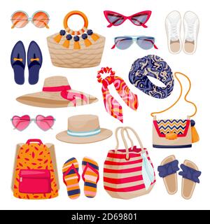 Female fashion summer accessories collection. Womens shoes, bags, sunglasses, hats, isolated on white background. Vector flat cartoon illustration. Fa Stock Vector