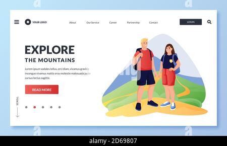 Young happy couple hiking and walking in the mountains. Vector flat cartoon illustration of spring or summer travel adventures and outdoor leisure. Co Stock Vector