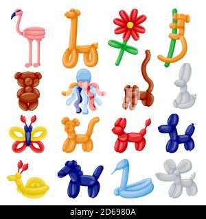 Animals sculptures made from air balloons. Toys icons set, isolated on white background. Vector flat cartoon illustration. Kids creativity concept. Pa Stock Vector