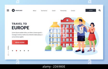 Young couple travels in Europe. Man and woman look for sights on map. Cartoon tourists characters and houses. Vector flat illustration. Concept of rom Stock Vector
