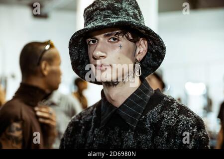 KYIV, UKRAINE - SEPTEMBER 3, 2020: Backstage IRON THREAD show at Ukrainian Fashion Week NoSeason 2021. Stock Photo