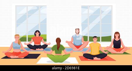 Yoga class vector flat cartoon illustration. People are sitting in lotus position on floor. Young women and men practicing yoga exercise and meditatio Stock Vector