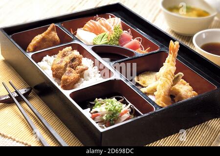 Japanese bento set on a restaurant table Stock Photo