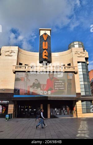 London, UK. 5th Oct, 2020. Exterior view of Vue Cinema in Leicester Square. While cinemas in the UK have reopened with limited seating after months of lockdown due to the coronavirus pandemic, many are facing an uncertain future. Credit: Vuk Valcic/SOPA Images/ZUMA Wire/Alamy Live News Stock Photo