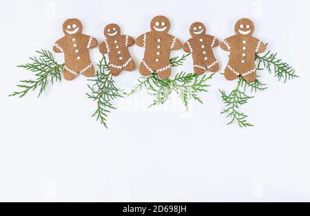 Homemade gingerbread christmas cookies top view on white background Stock Photo