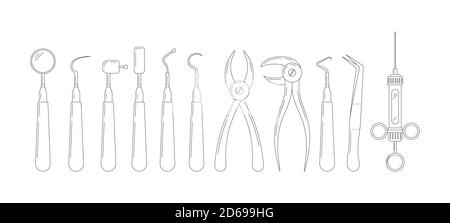 Dental tools line art icon set isolated on white background. Stock Vector