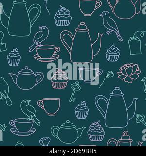 Vector dark blue and pastel tea party seamless pattern background. Chalkboard style design, perfect for fabric, wallpaper scrapbooking. Stock Vector