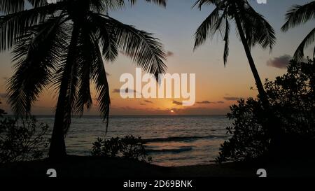 Beautiful sunset on beach Anse Takamaka in the south of Mahe island, Seychelles with sun shining through clouds over horizon and palm silhouettes. Stock Photo
