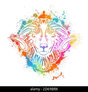Zodiac signs - Aries colored . T-shirt print. Vector illustration. Mixed media Stock Vector
