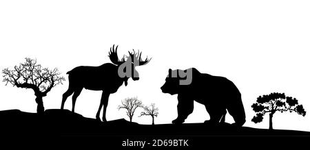 Bear and elk black and white image, vector Stock Vector