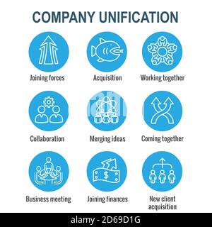 Companies merging together, one buying out the other & icon set banner Stock Vector