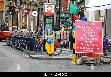 Road closure sign in Soho to enable traffic free zones thus