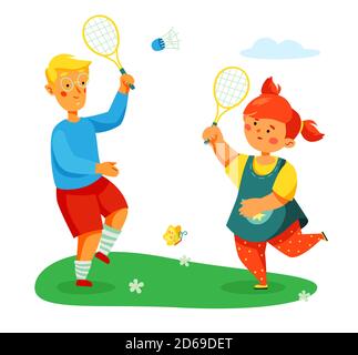 Children playing badminton - colorful flat design style illustration Stock Vector