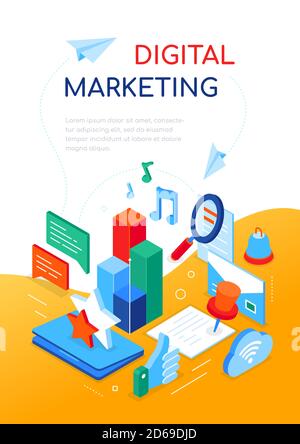 Digital marketing concept - modern isometric web banner Stock Vector