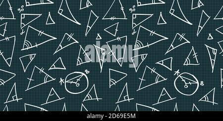 vector seamless pattern with handwritten white mathematical figures, triangles, corners on the dark blue or black squared paper Stock Vector