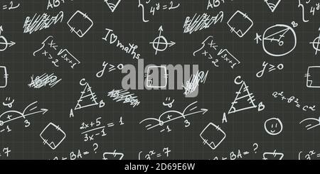 vector seamless pattern with handwritten white mathematics formulas, figures, calculations, handwritings on the dark gray black squared paper geometry and algebra, back to school Stock Vector