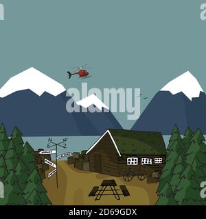Canadian scandinavian faroe island red brown wooden houses with grass on the roof and yellow trees, mountains, helocopter vector handwritten square po Stock Vector