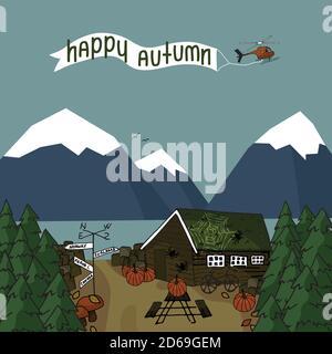 Canadian scandinavian faroe island red brown wooden houses with grass on the roof and yellow trees, mountains, helocopter vector handwritten square po Stock Vector