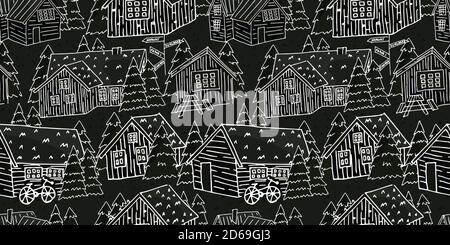 Canadian and scandinavian black white or dark gray wooden houses with grass on the roof and christmas trees vector handwritten seamless repeat pattern Stock Vector