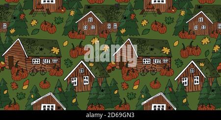 Canadian scandinavian orange brown wooden houses with grass on the roof white windows and christmas trees vector handwritten seamless repeat pattern w Stock Vector