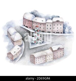 Happy Christmas in the city square around a tree under the snow. Hand drawn winter isolated illustration Stock Photo