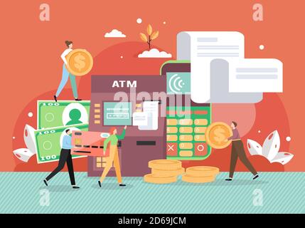 ATM machine, mobile phone with invoices. People making money transactions from bank accounts, flat vector illustration. Stock Vector