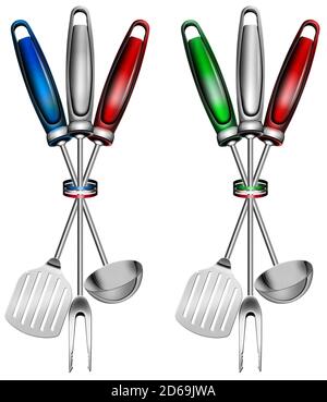 French and Italian cuisine concept. Three kitchen utensils with Italian and French flag, isolated on white background. Digitally generated image Stock Photo