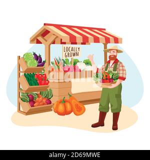 Farm market vector flat cartoon illustration. Farmer sells locally grown fresh vegetables. Healthy organic grocery food shop concept. Stock Vector