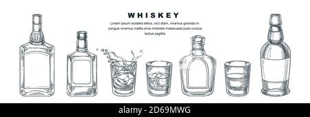 Whiskey bottles and glass with beverage and ice, vector sketch illustration. Scotch, brandy or liquor alcohol drinks. Bar menu design elements, isolat Stock Vector