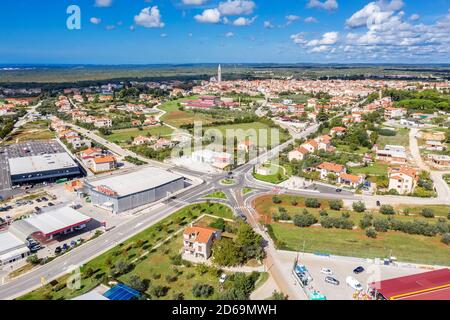 VODNJAN, CROATIA - OCTOBER 6, 2020 - an aerial view of Vodnjan, in background the parish church of St. Blasius with highest tower (62 m) in Istria, Cr Stock Photo