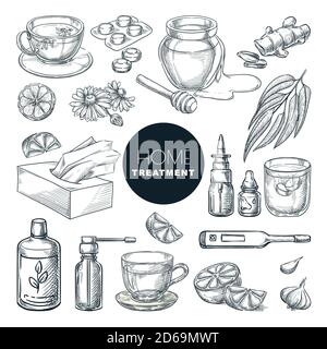 Home remedies treatment and medicines for colds, coughs. Vector hand drawn sketch illustration. Healthcare natural herbal therapy icons, isolated on w Stock Vector