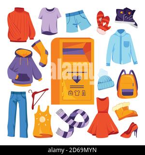 Clothes donation design elements. Vector flat cartoon illustration. City container box for used apparel or shoes donations. Urban street bin for socia Stock Vector