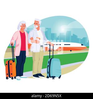 Elderly couple travel by airplane. Vector flat cartoon illustration of tourism and vacation for seniors and pensioners. Stock Vector