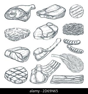Fresh raw meat collection, sketch vector illustration. Hand drawn food isolated design elements. Pieces of beef steak, ham, pork fillet, lamb chops. Stock Vector