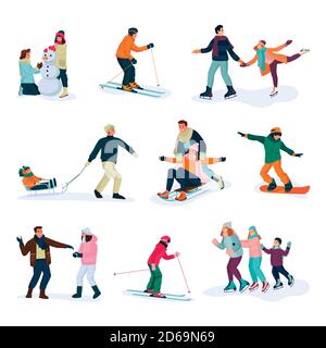 Winter sports, lifestyle and activities. Happy young people set, isolated on white background. Vector flat cartoon illustration and design elements Stock Vector