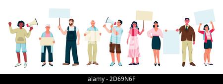 Protesting people with posters, flags, loudspeakers, isolated on white background. Vector flat cartoon illustration of political activists, protesters Stock Vector