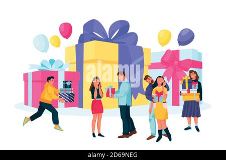 Young happy people with gift boxes. Couples give surprise presents to each other. Vector flat cartoon illustration isolated on white background. Roman Stock Vector