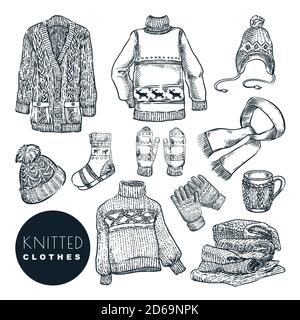 Knitted winter and autumn clothes set, isolated on white background. Vector hand drawn sketch illustration. Fall handmade fashion wool clothing and ac Stock Vector