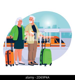 Elderly couple travel by high-speed train. Vector flat cartoon illustration of tourism and vacation for seniors and pensioners.