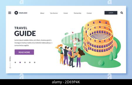Travel to Italy and Rome vector 3d isometric illustration. Guide and group of tourists on excursion in Coliseum. Web landing page, banner or poster de Stock Vector