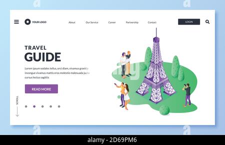 Travel to France and Paris vector 3d isometric illustration. Tourists take pictures near the Eiffel tower. Web landing page, banner or poster design. Stock Vector