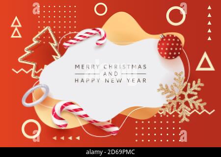 Merry Christmas, Happy New Year poster, banner with white frame. Vector 3d realistic illustration of striped candy, gold metal Christmas tree, shiny s Stock Vector