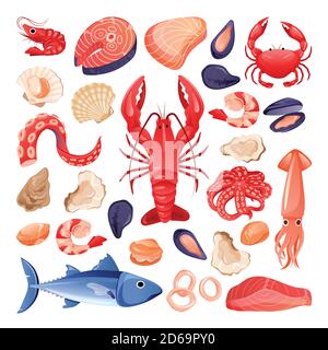 Seafood and fresh raw fish set. Vector flat cartoon illustration. Food icons isolated on white background. Sea restaurant or market design elements. Stock Vector