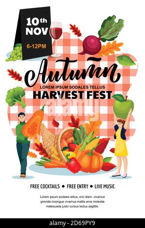 Autumn harvest festival poster, banner design layout. Fall fair or city picnic concept. Vector flat cartoon illustration. Cornucopia and people with p Stock Vector