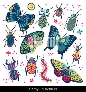 Bright multicolor butterfly, beetles and bugs set. Vector flat cartoon illustration. Decorative insects collection. Summer design elements isolated on Stock Vector