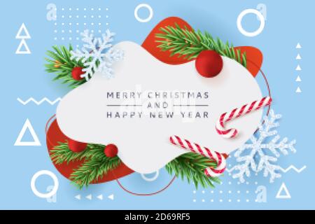 Merry Christmas, Happy New Year poster, banner abstract white frame. Vector 3d realistic illustration of green fir branches, snowflakes, striped candy Stock Vector