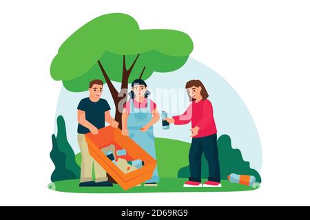 Children care about environment, ecology and clean up plastic waste in city park. Vector flat cartoon illustration. Schoolchildren volunteering concep Stock Vector